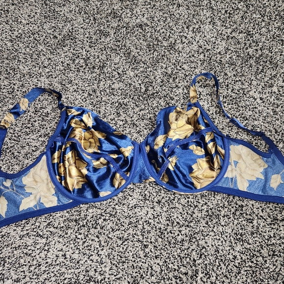 Vtg Victorias Secret Second Skin Shiny Satin Bra 38DD Blue Floral Gold Leaf,Sexy - Picture 7 of 12